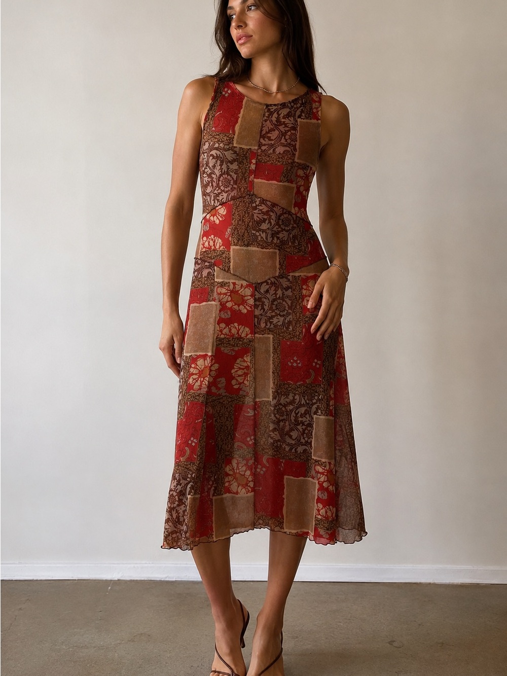 Vintage Y2K Weston Wear Patchwork Mesh Midi Dress Size S Made in USA